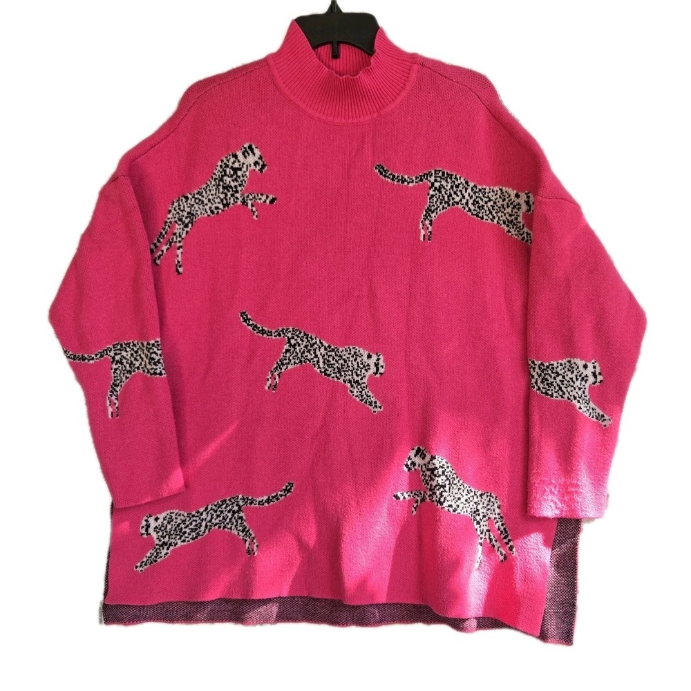Womens Hot Pink Cheetah Leopard Print Oversize Mock Neck Knit Sweater Top Medium